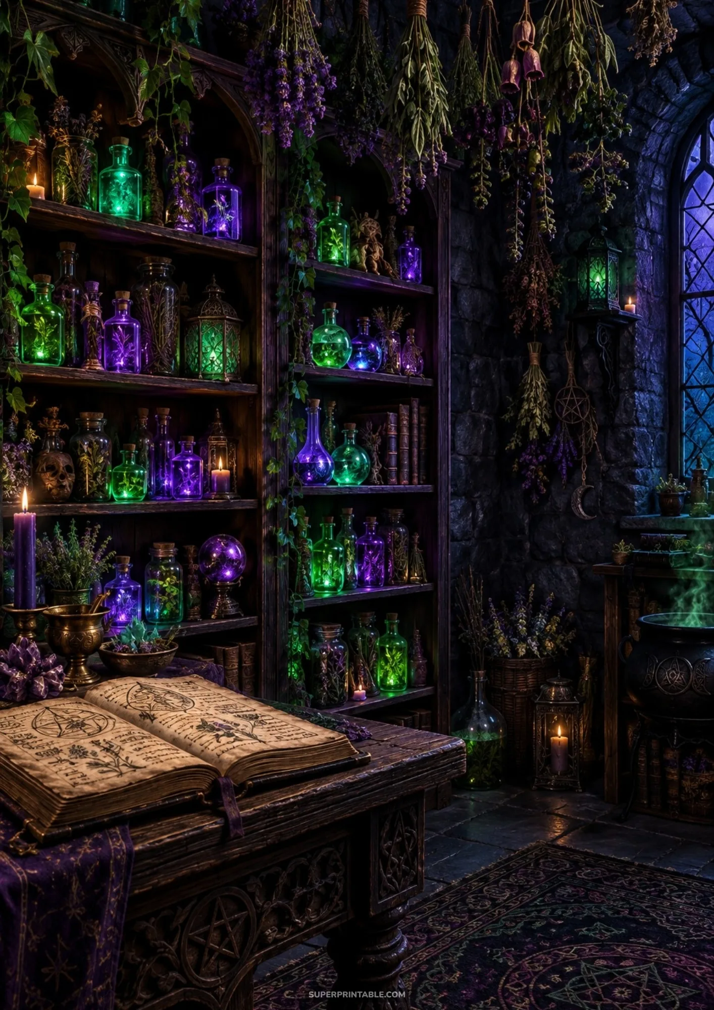 Ancient open grimoire spellbook on a carved wooden table surrounded by glowing green and purple potion bottles