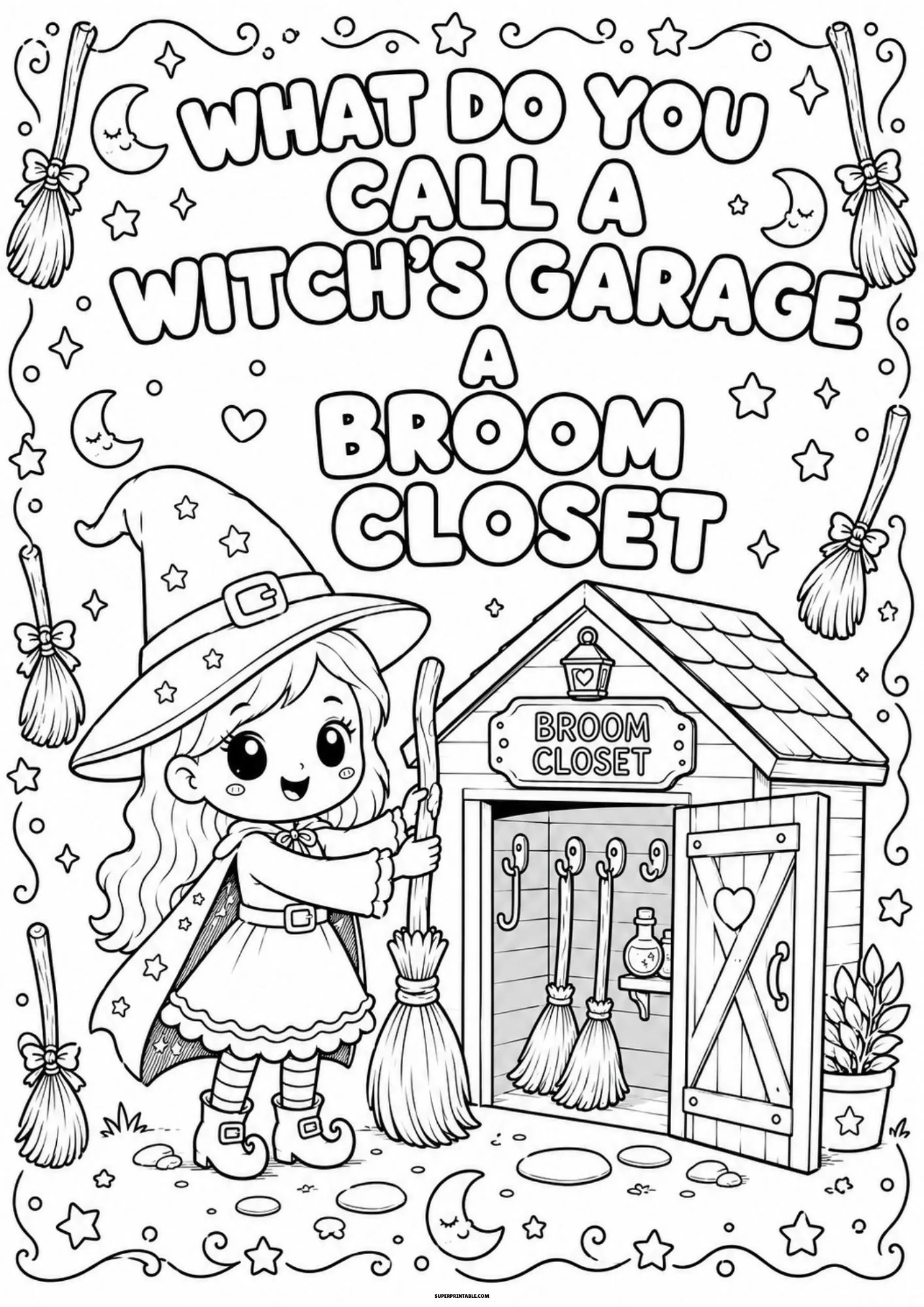 Little witch holding a broom near her decorated broom closet shed.