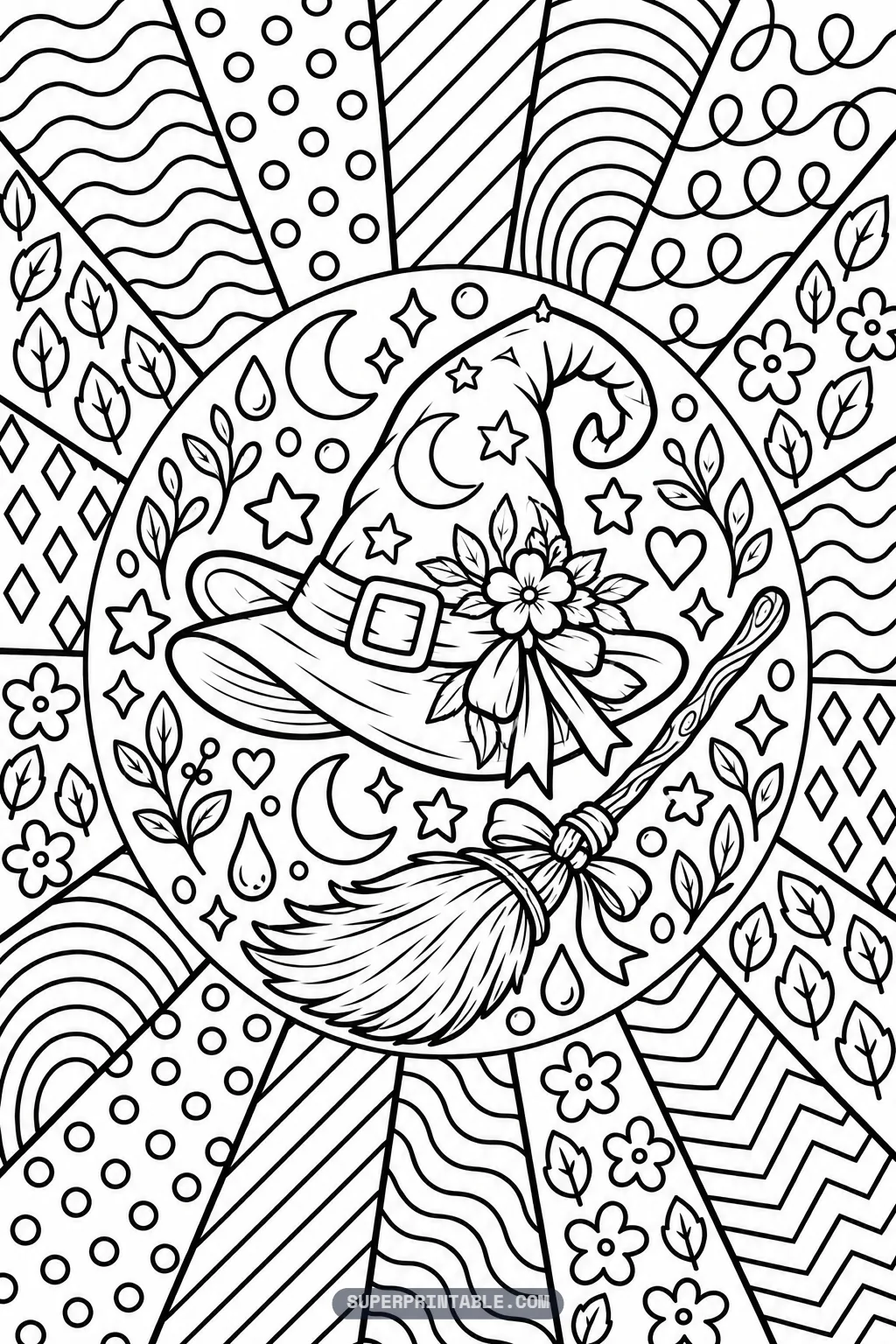Festive witch hat decorated with floral ribbon paired with a broomstick amidst radiating pop art patterns