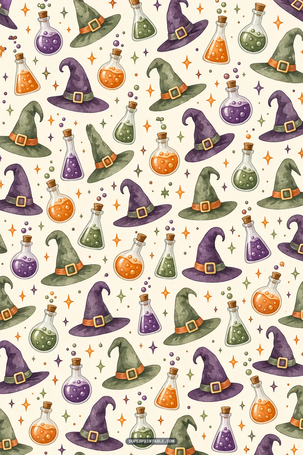 Curved witch hats and glass alchemy potion bottles with bubbling elixirs on an off-white background
