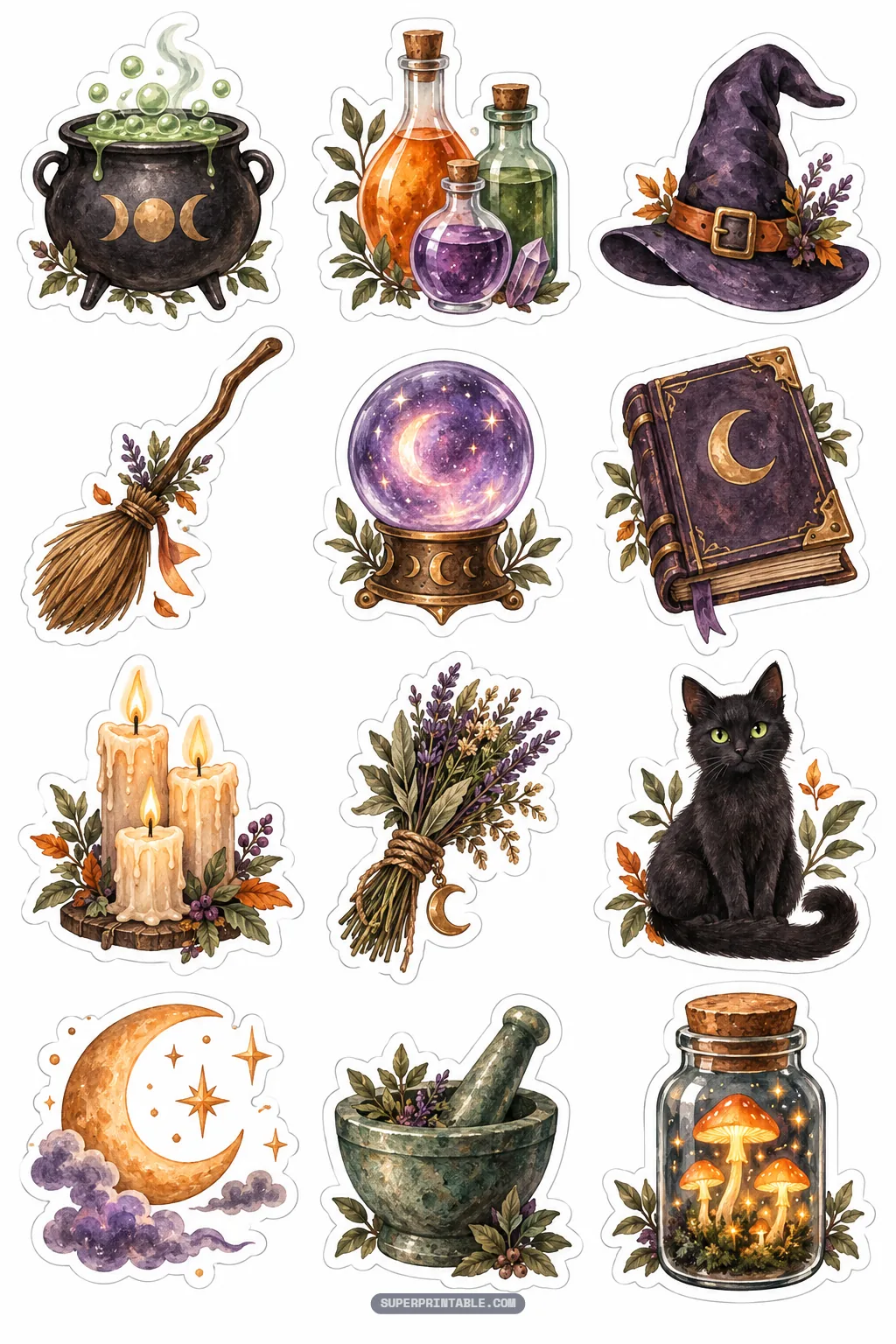 Watercolor witchy spellcraft stickers featuring bubbling cauldrons, potion bottles, crystal balls, and black cats
