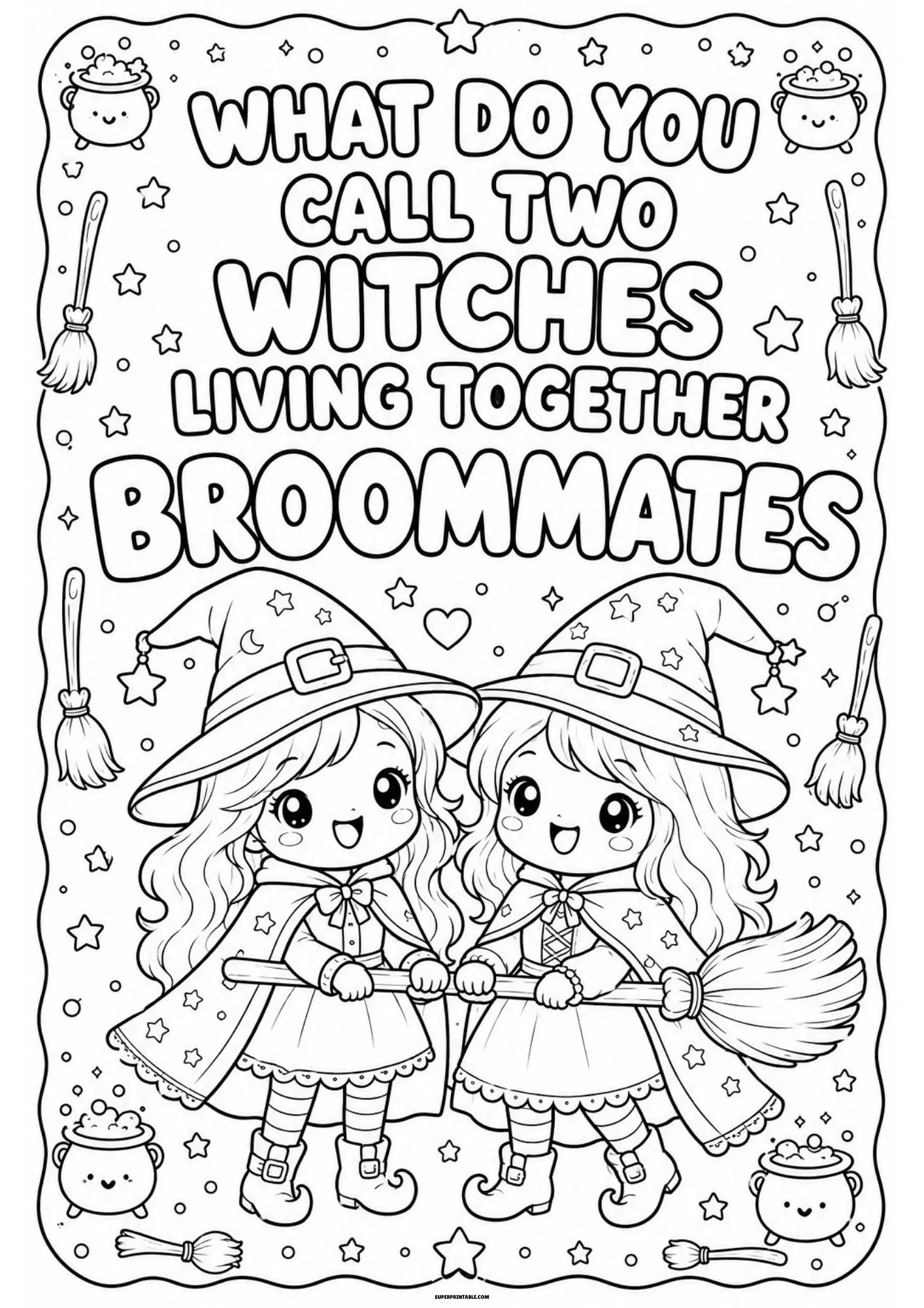 Two friendly little witches sharing a broom stick together.