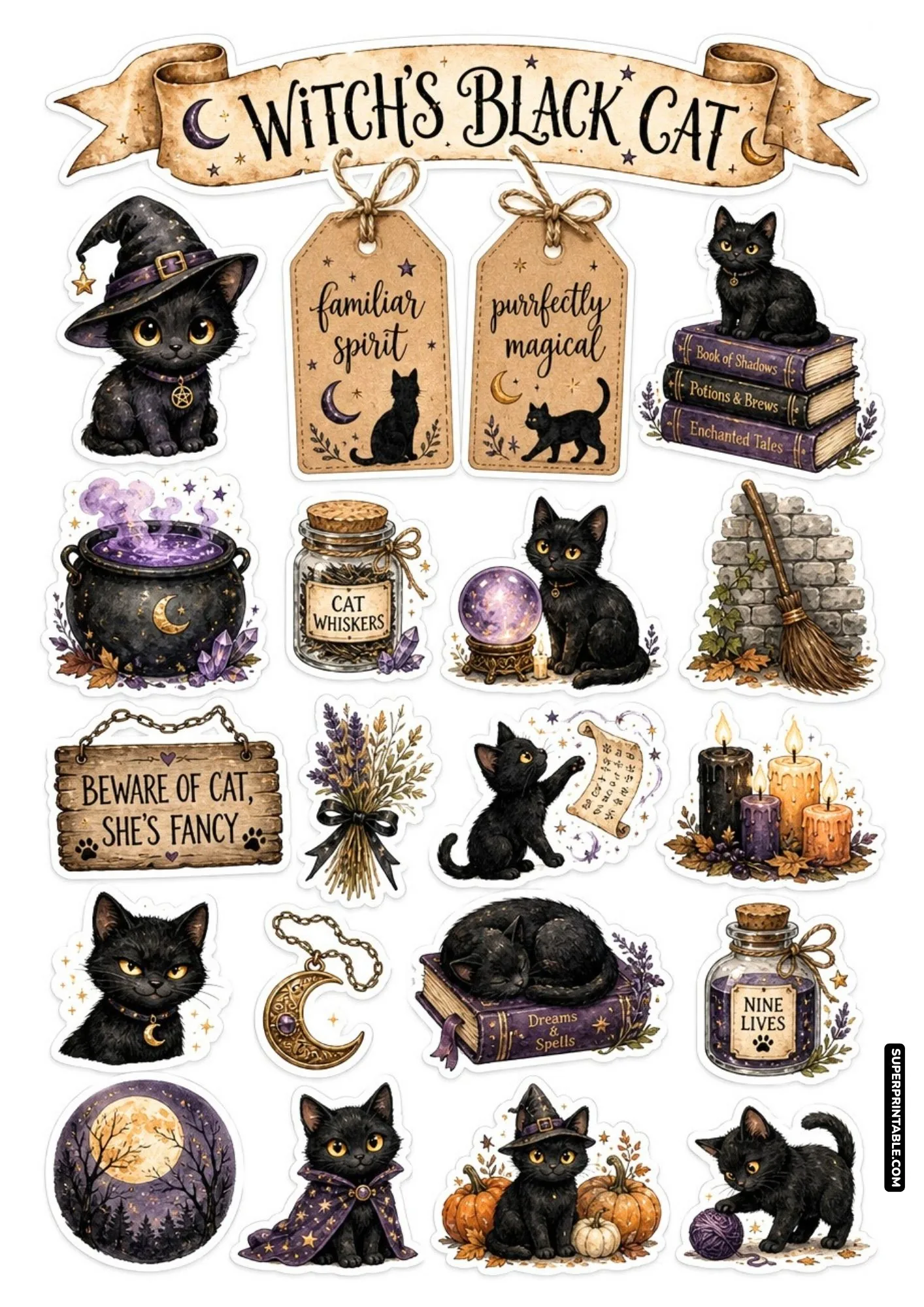 Classic black cat familiar sticker sheet with witch hats, pumpkins, and magical potion jars.
