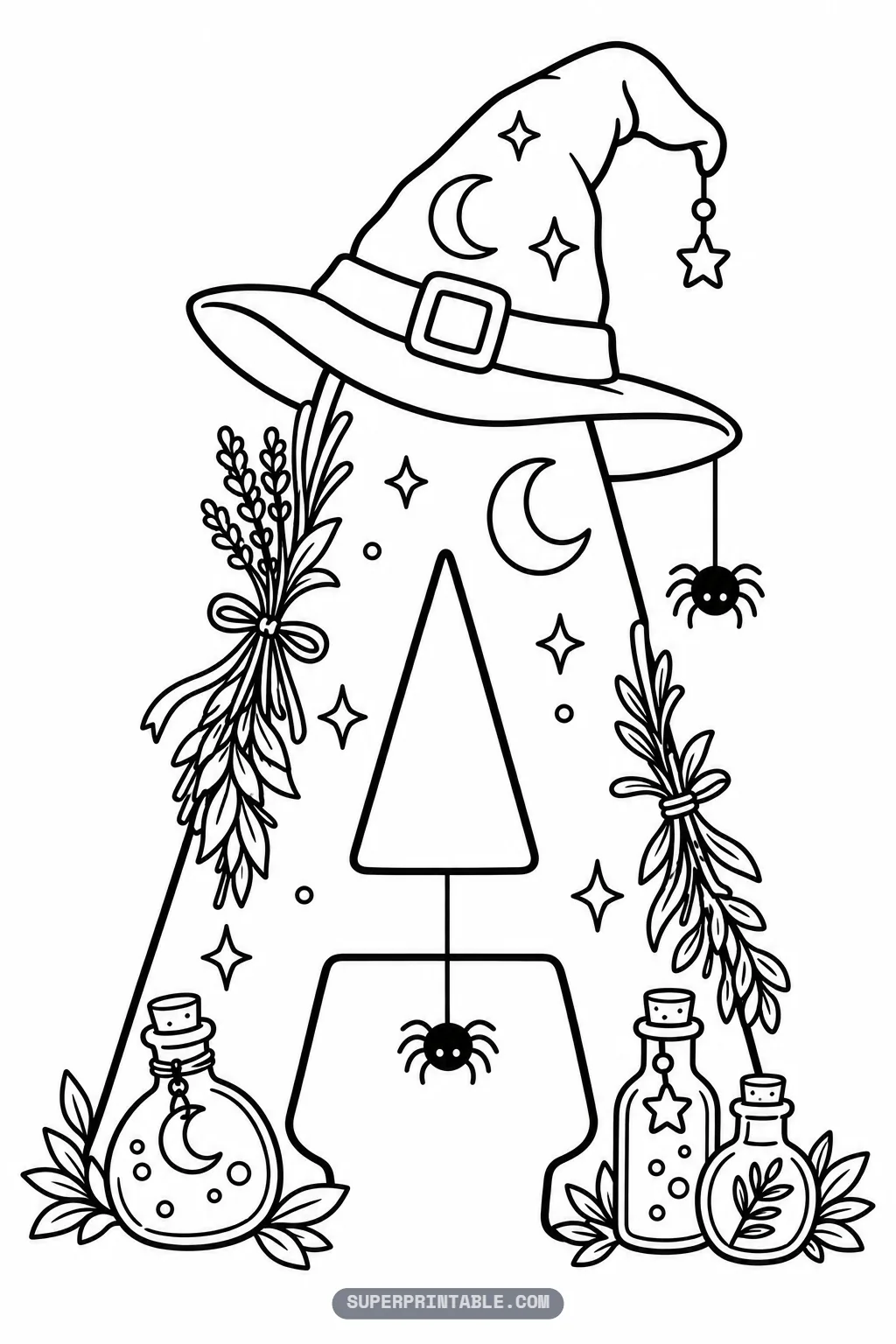 Gothic halloween alphabet coloring pages letter A with witch hat, dried lavender, and potions