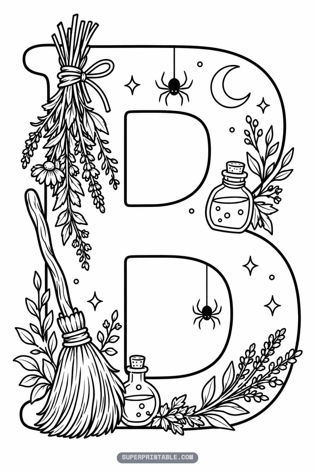 Gothic halloween alphabet coloring pages letter B with broomstick, herb sprigs, and spiders