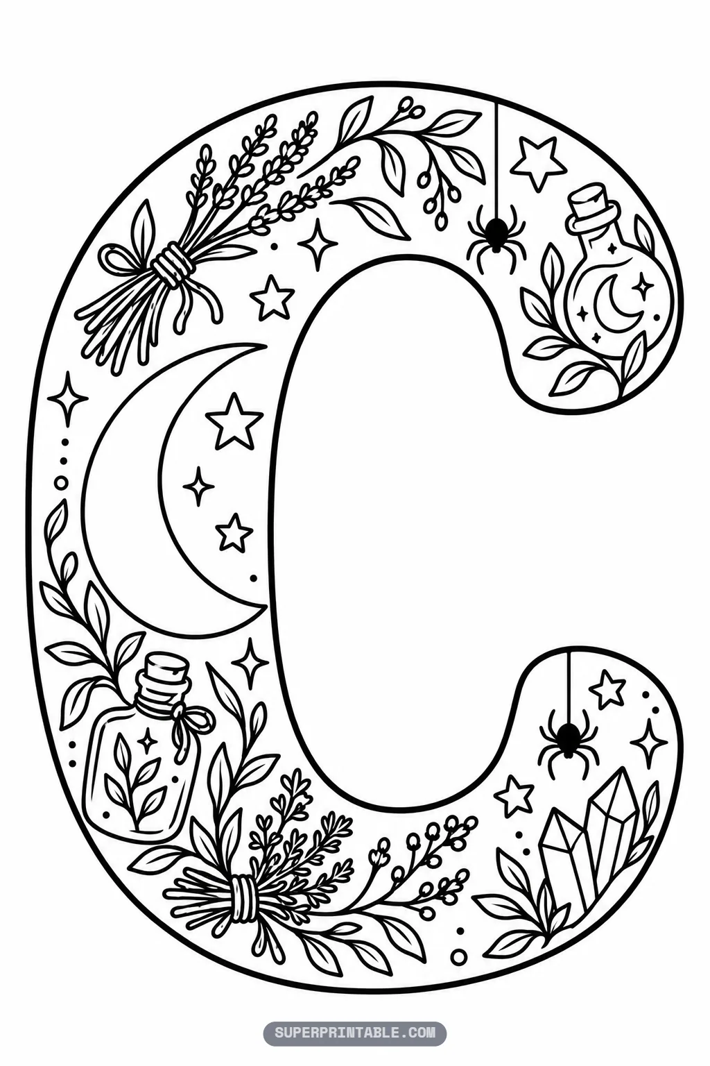 Gothic letter C coloring page with crescent moon, crystal cluster, and potion flasks
