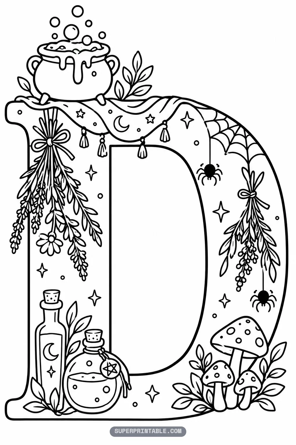 Gothic letter D coloring page featuring bubbling cauldron, toadstool mushrooms, and cobwebs