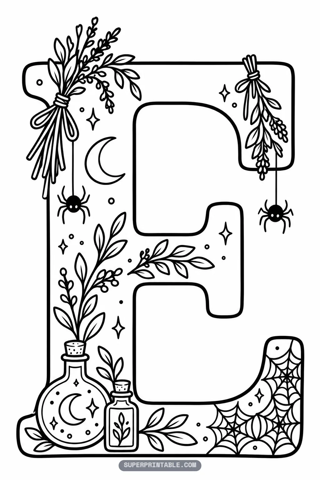 Gothic letter E coloring page with corner spiderwebs, tied lavender, and potion bottles