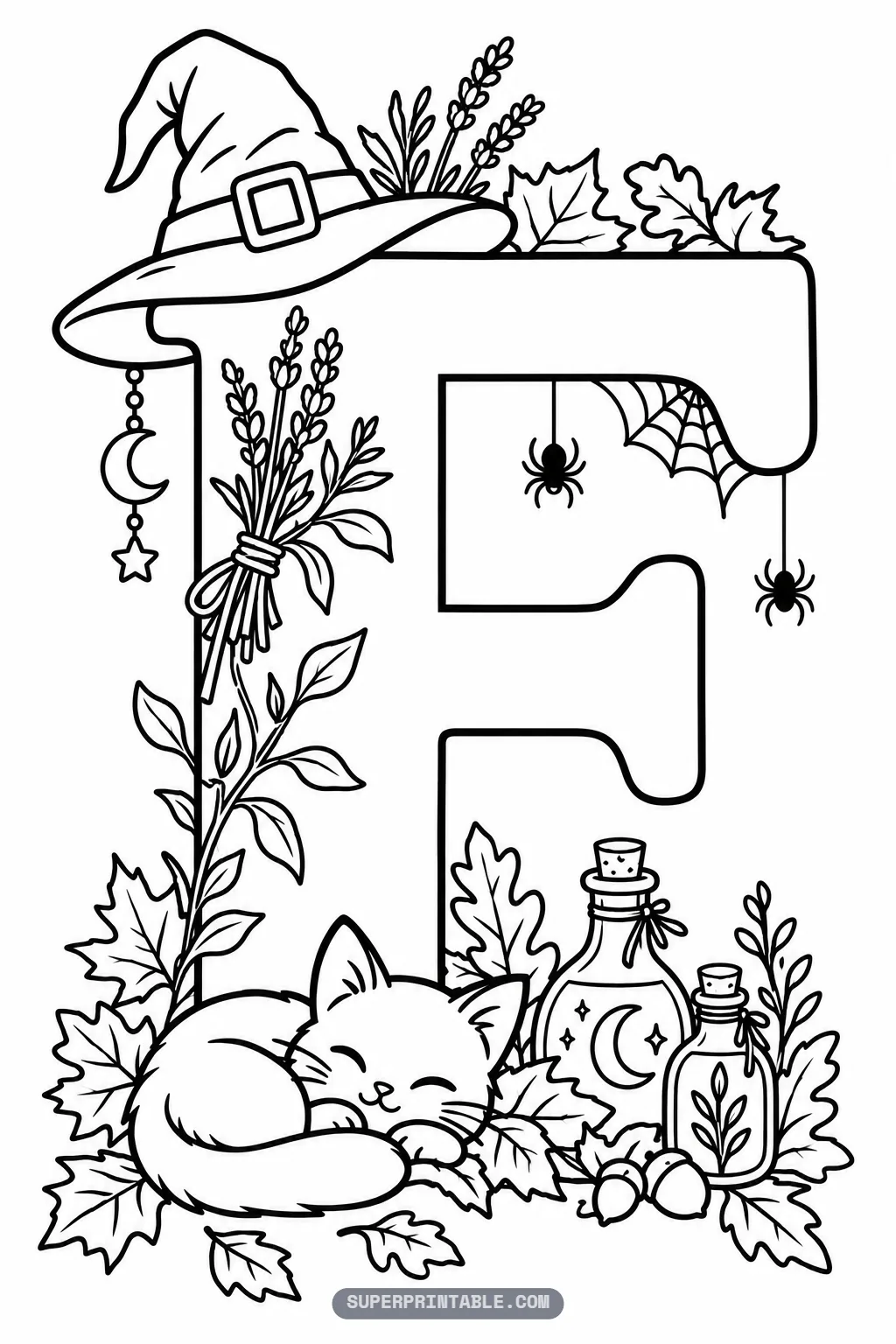 Gothic letter F coloring page with sleeping cat among autumn leaves and witch hat