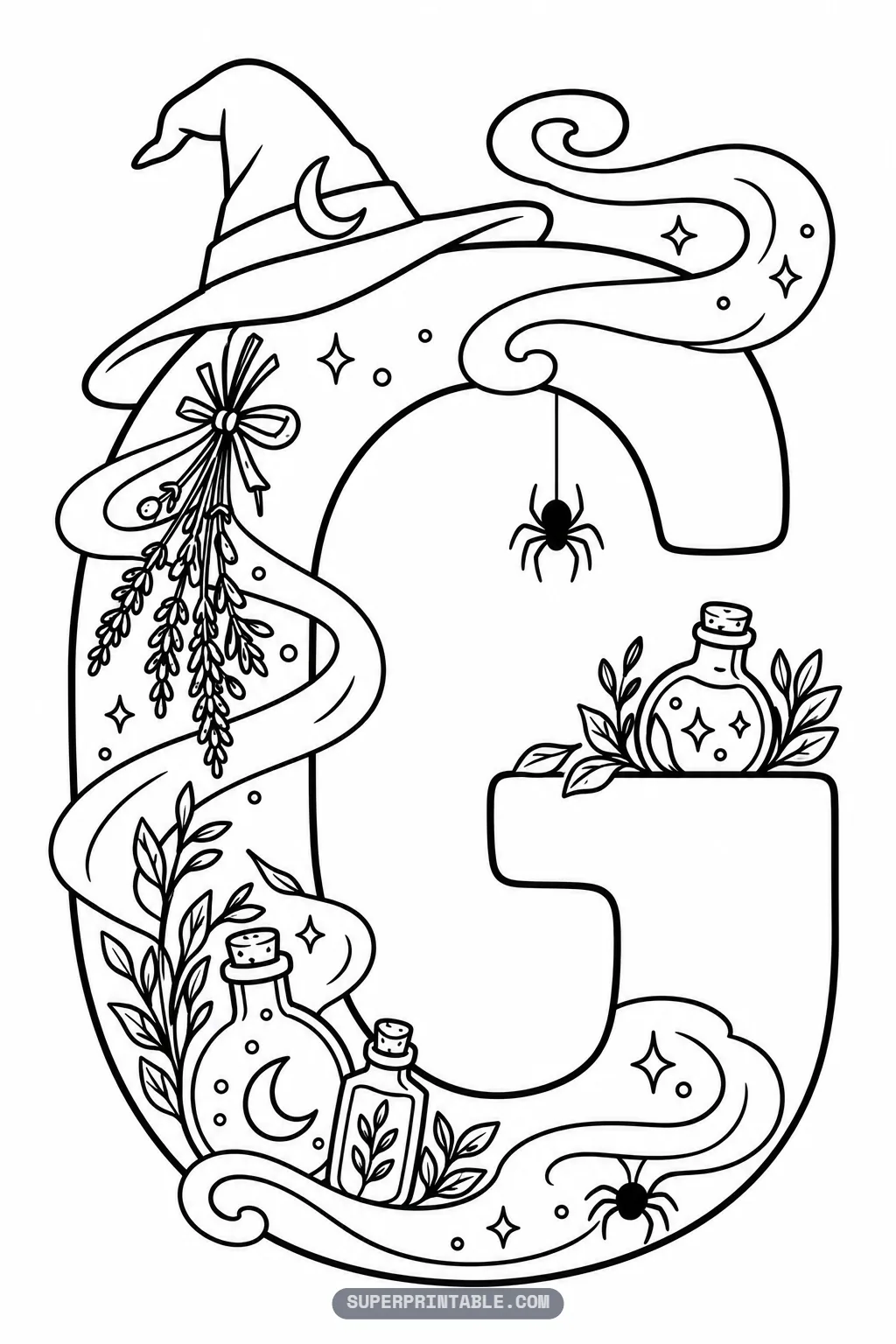 Gothic letter G coloring page with swirling mystical smoke, witch hat, and potion vials