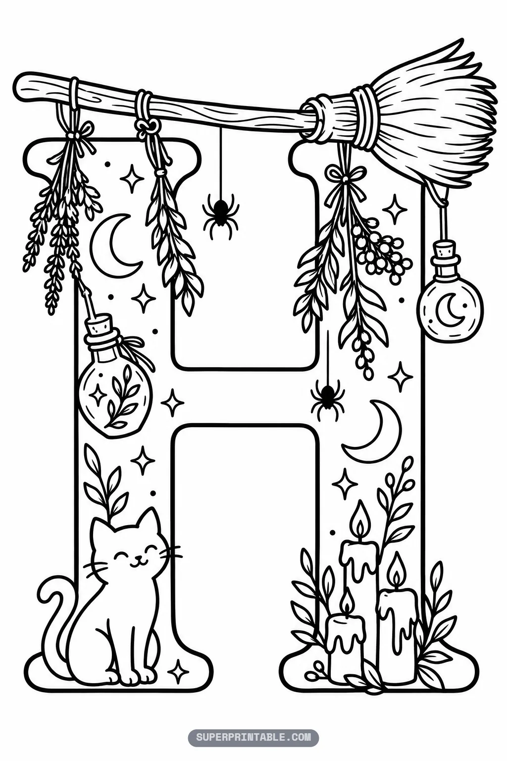 Gothic letter H coloring page with straw broomstick, sitting cat, and dripping candles