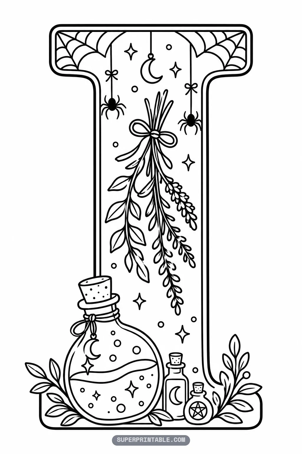 Gothic letter I coloring page featuring hanging herb bundles, corner webs, and potions