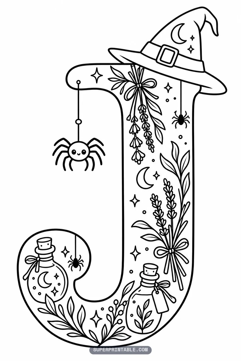 Gothic letter J coloring page with pointed witch hat, cute spider, and lavender flowers
