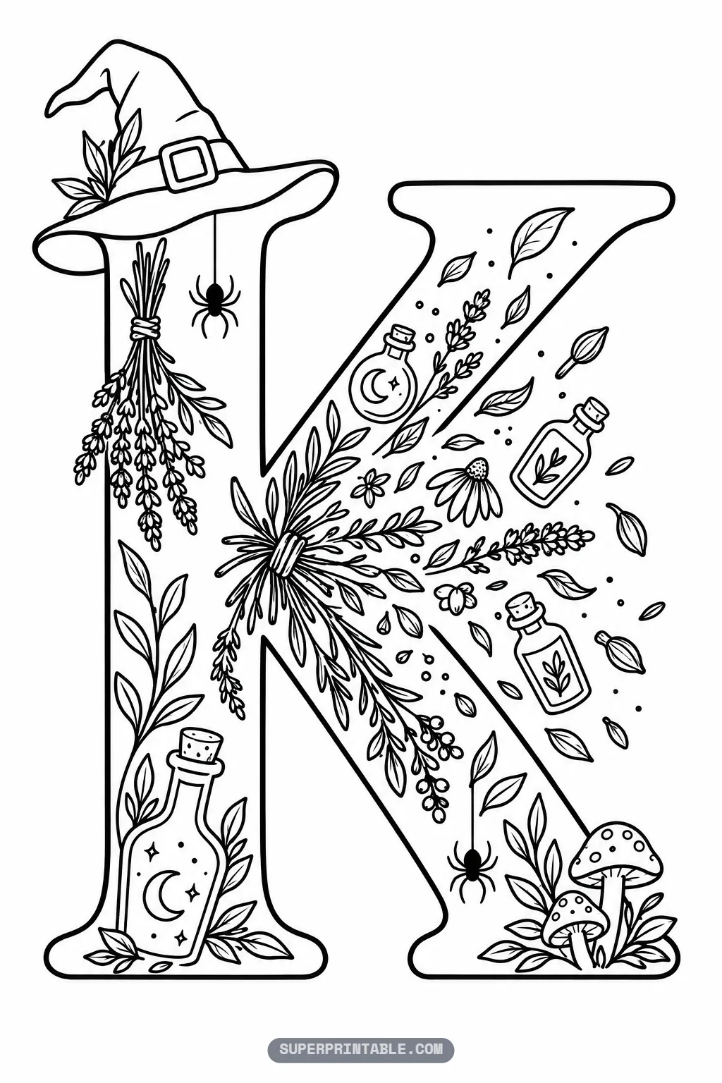Gothic letter K coloring page with bursting dried botanicals, mushrooms, and potions