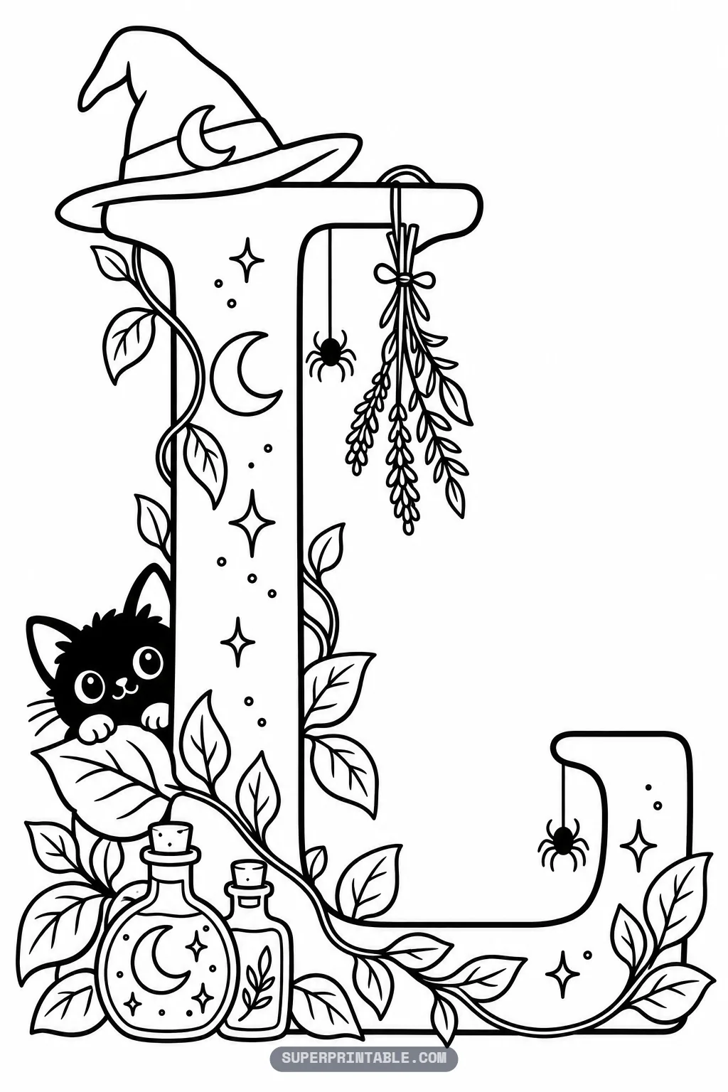 Gothic letter L coloring page with playful black kitten peeking through leafy vines