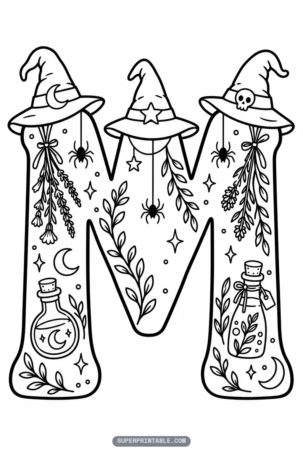 Gothic letter M coloring page featuring three witch hats, hanging herbs, and spiders