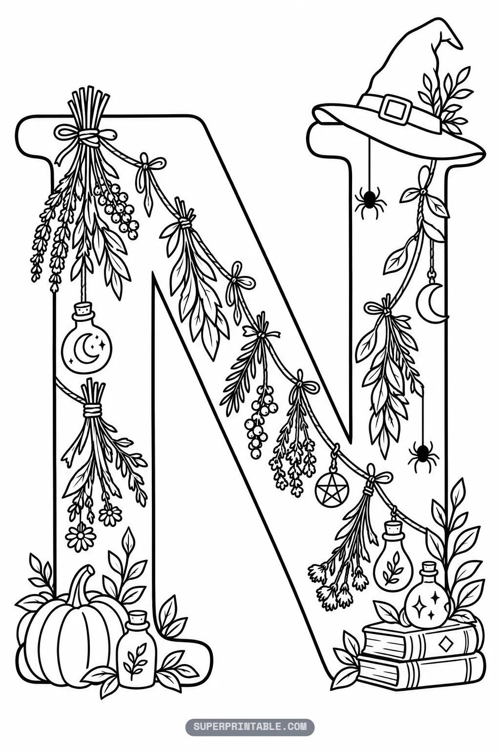 Gothic letter N coloring page with autumn pumpkin, spell books, and hanging herb swag
