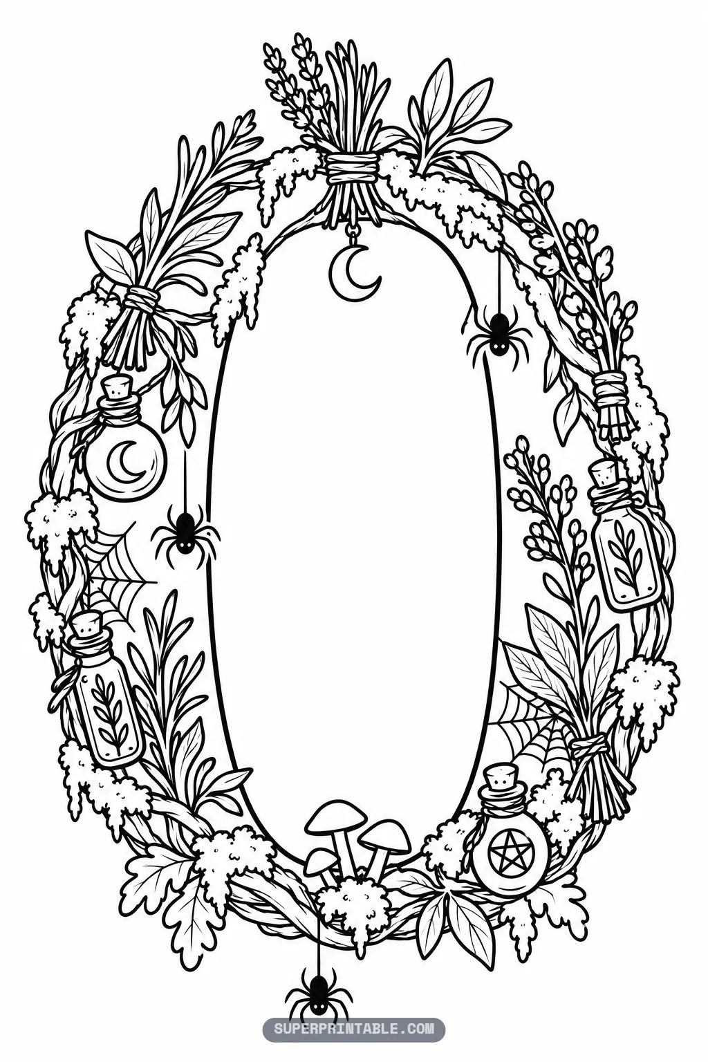 Gothic letter O coloring page framed as botanical wreath with mushrooms and potion jars