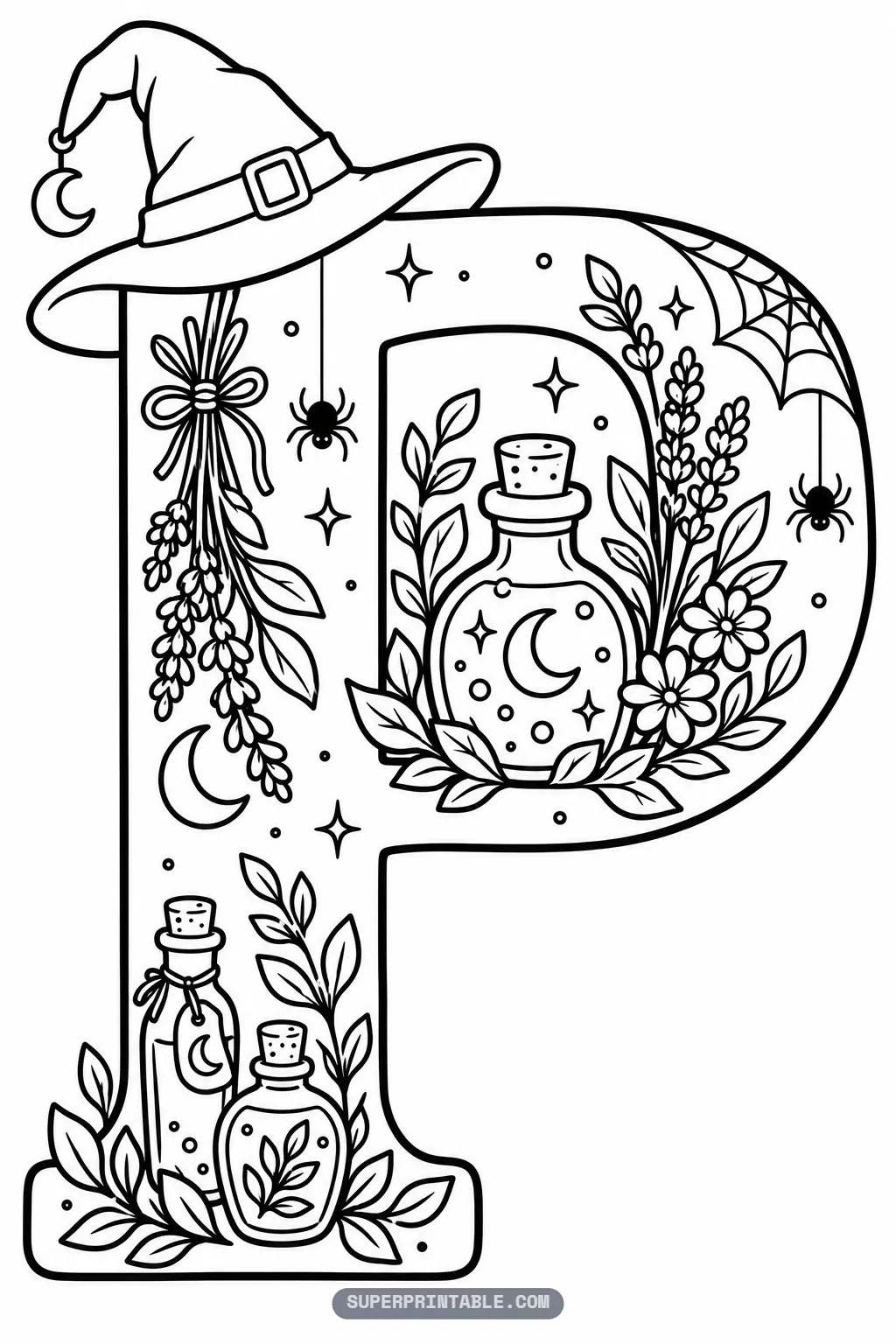 Gothic letter P coloring page with witch hat, central potion flask, and spiderweb accents