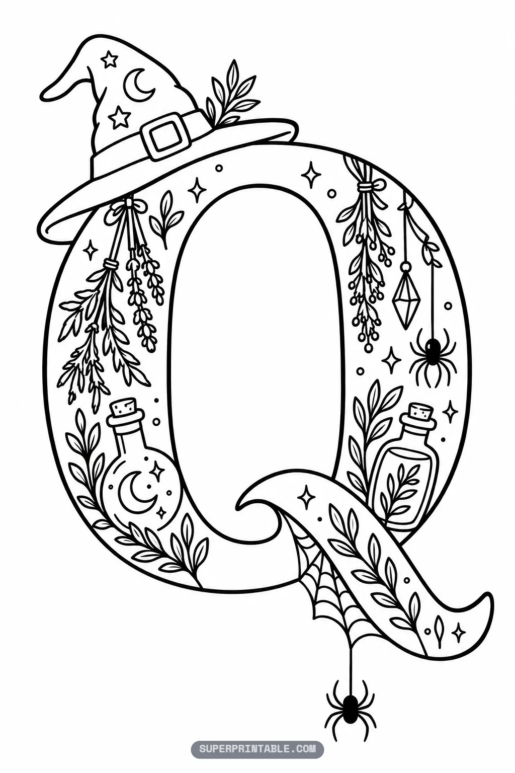 Gothic letter Q coloring page with hanging crystal charm, spiderweb tail, and witch hat