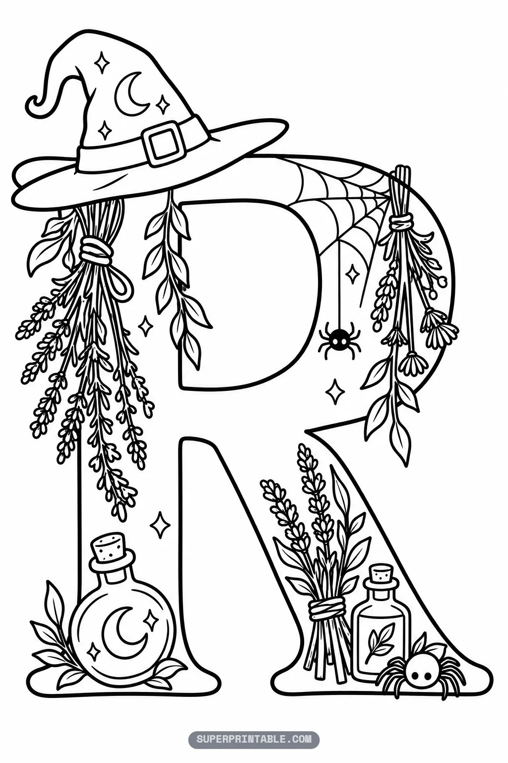 Gothic letter R coloring page with witch hat, dried lavender bundles, and potion bottles