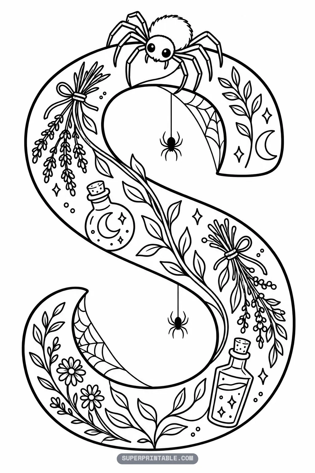 Gothic letter S coloring page featuring fluffy spider, cobwebs, and leafy botanical sprigs