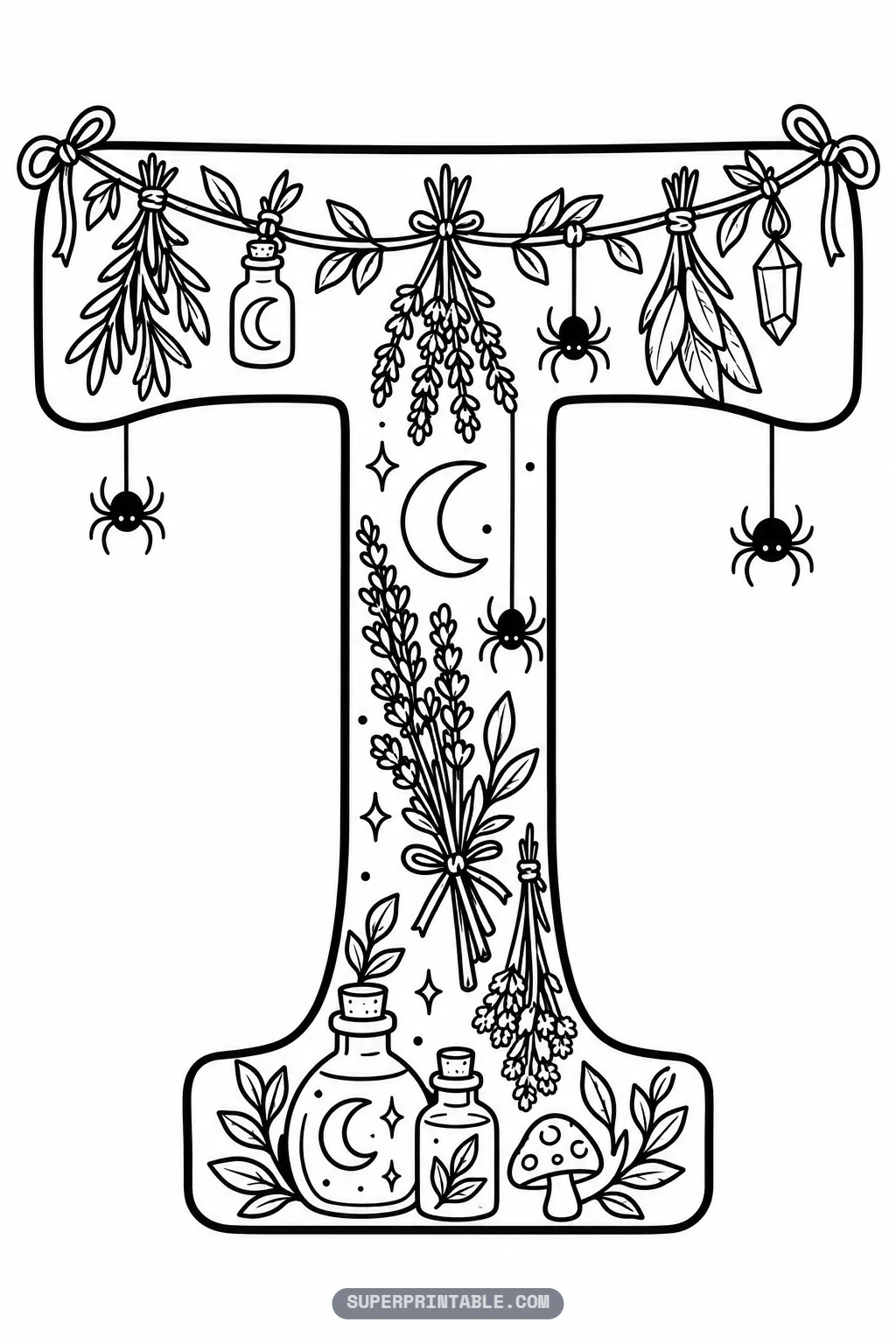 Gothic letter T coloring page with hanging botanical garland, crystals, and mushroom