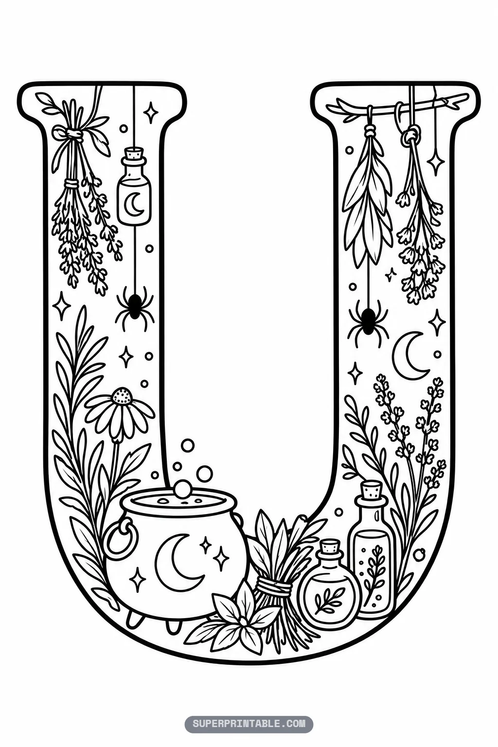 Gothic letter U coloring page with celestial bubbling cauldron, potions, and herbs