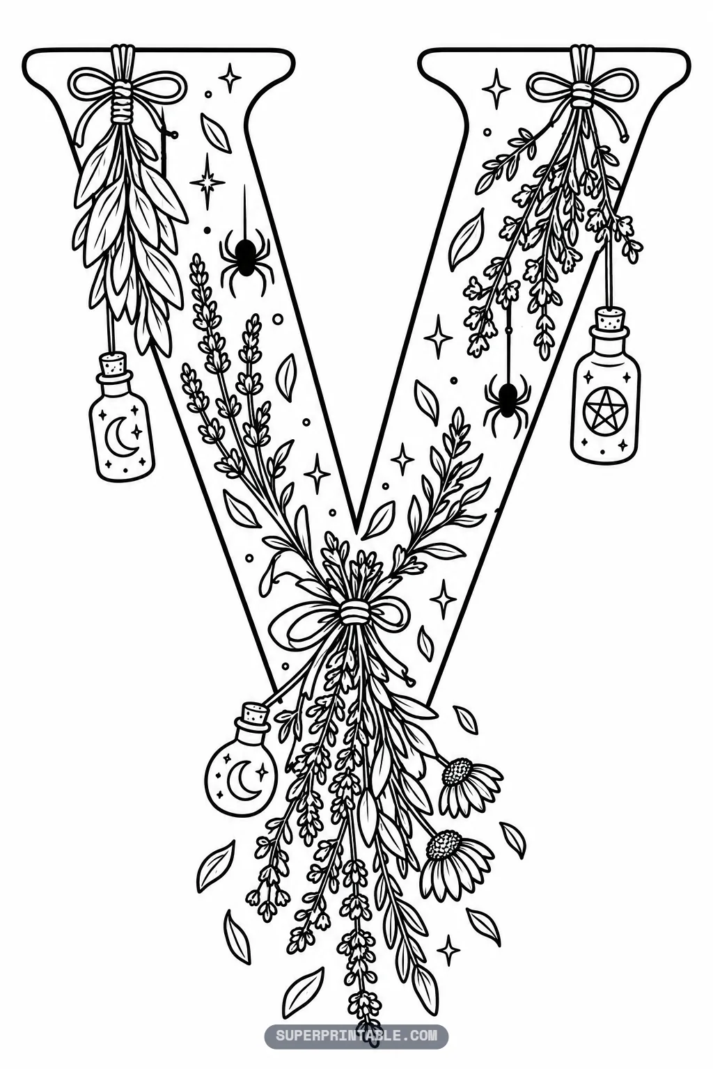 Gothic letter V coloring page with hanging potion vials, lavender sprigs, and spiders