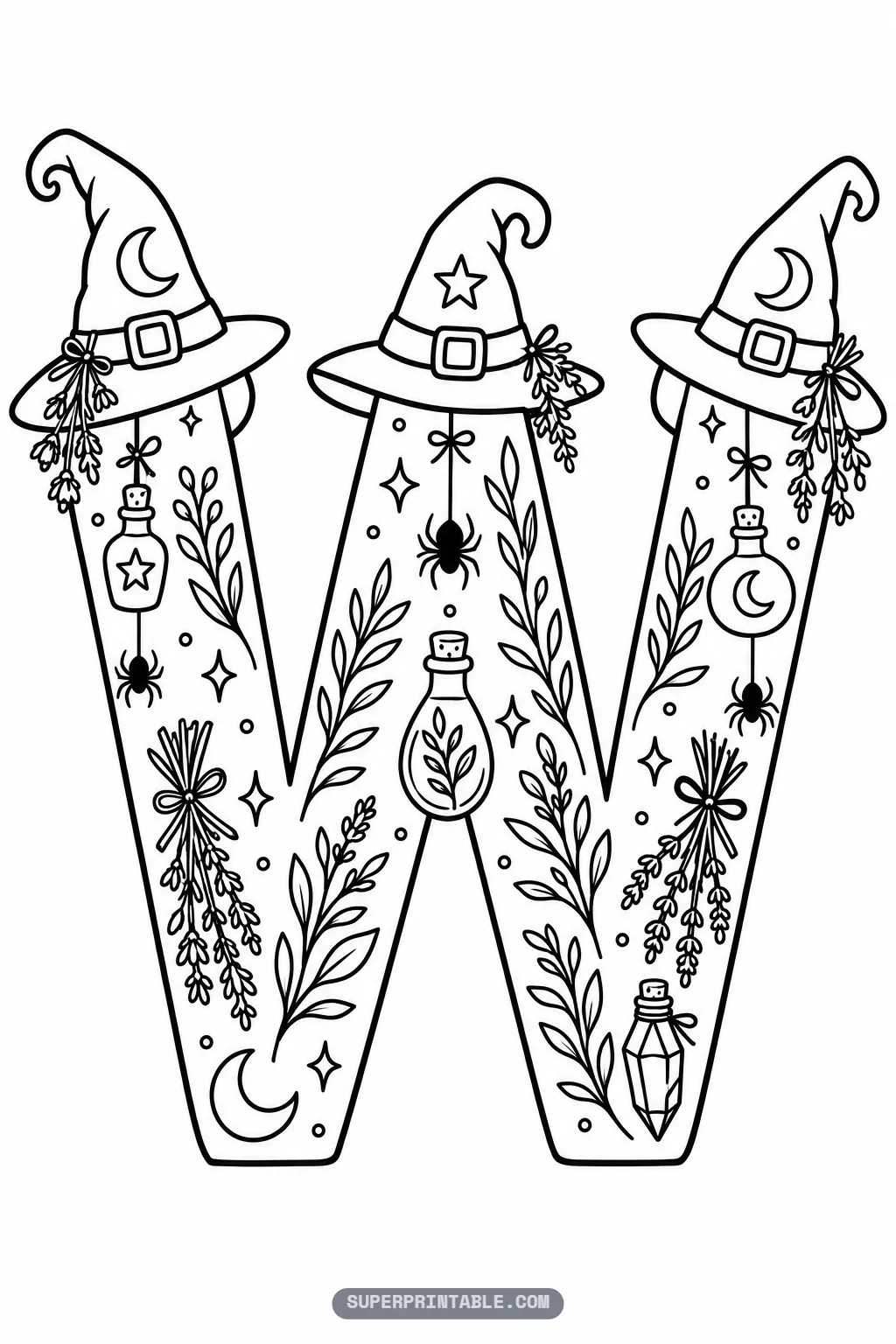 Gothic letter W coloring page adorned with three witch hats, stars, and potion bottles