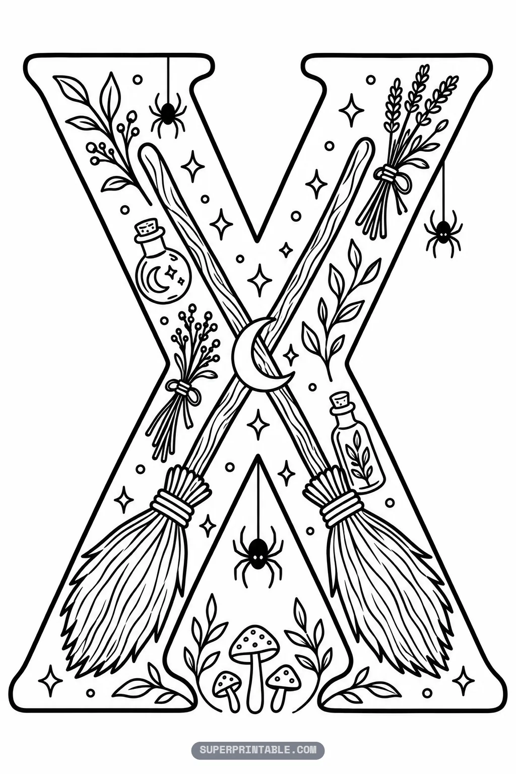 Gothic letter X coloring page with crossed witch broomsticks, crescent moon, and mushrooms