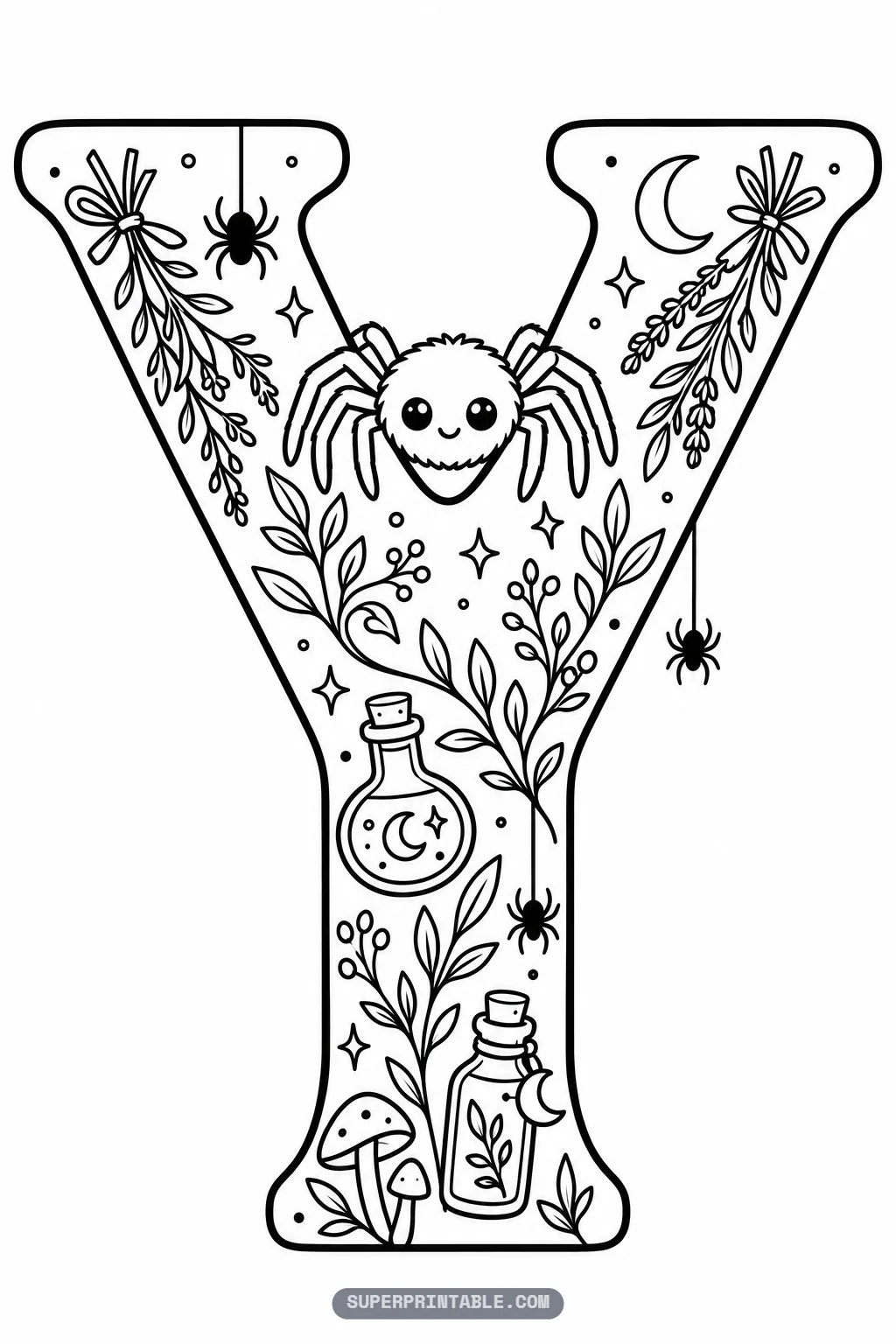 Gothic letter Y coloring page with cute spider nestled in notch, potions, and herbs