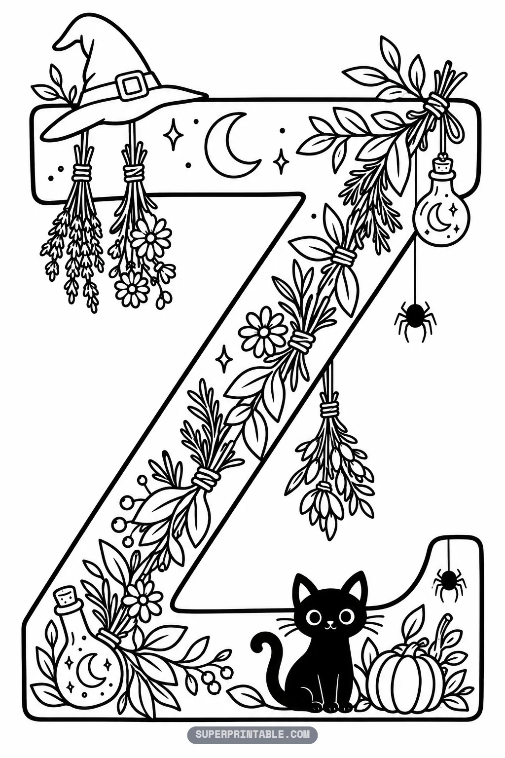 Gothic letter Z coloring page with black cat, autumn pumpkin, and floral herb garland