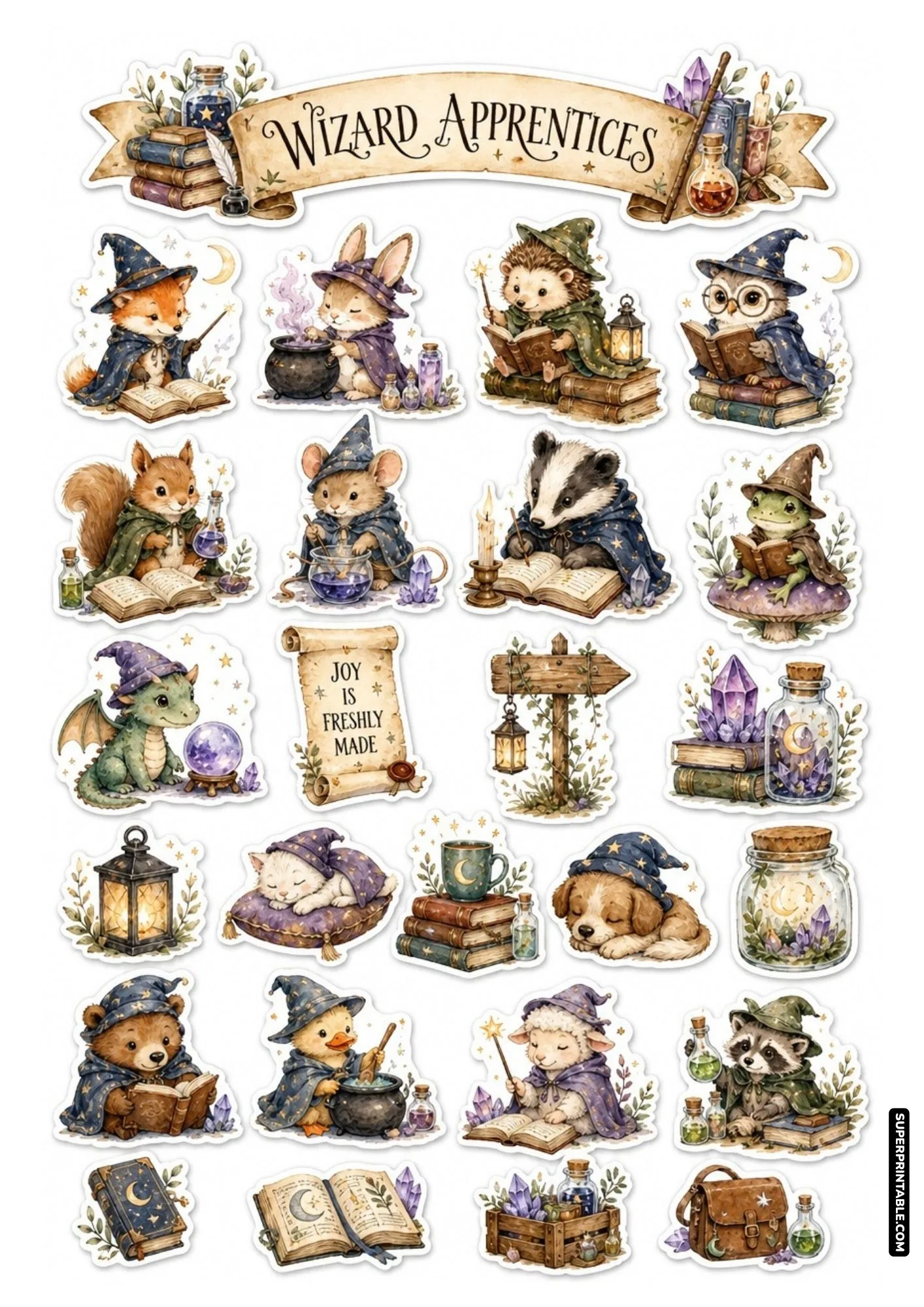 Cute sorcerer apprentice sticker sheet with young animal wizards, magic wands, glowing crystals, and potion bottles.