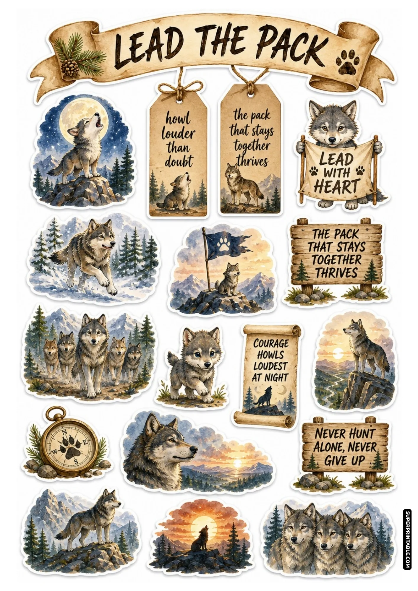 Gray wolf pack sticker sheet with howling timber wolves, evergreen trees, and rustic wooden signs