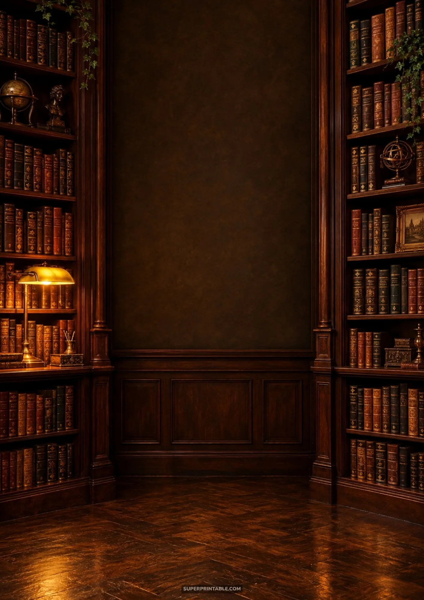 Warm wood-paneled study nook framed by full bookshelves, herringbone parquet, and a brass desk lamp