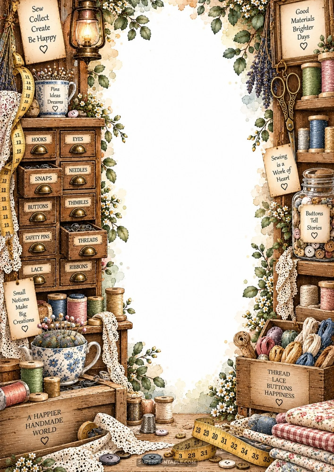 Vintage craft workshop border with labeled wooden notion drawers, teacup pincushion, and spools of thread.