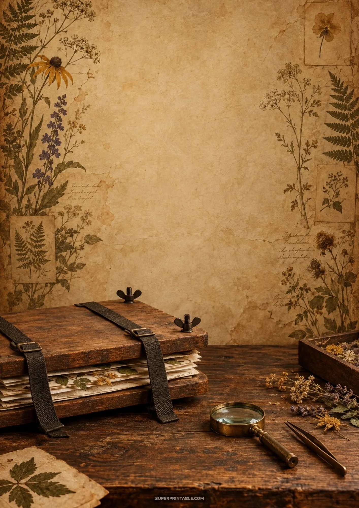 Antique wooden plant press, brass magnifying glass, and dried flowers on a rustic botanist desk