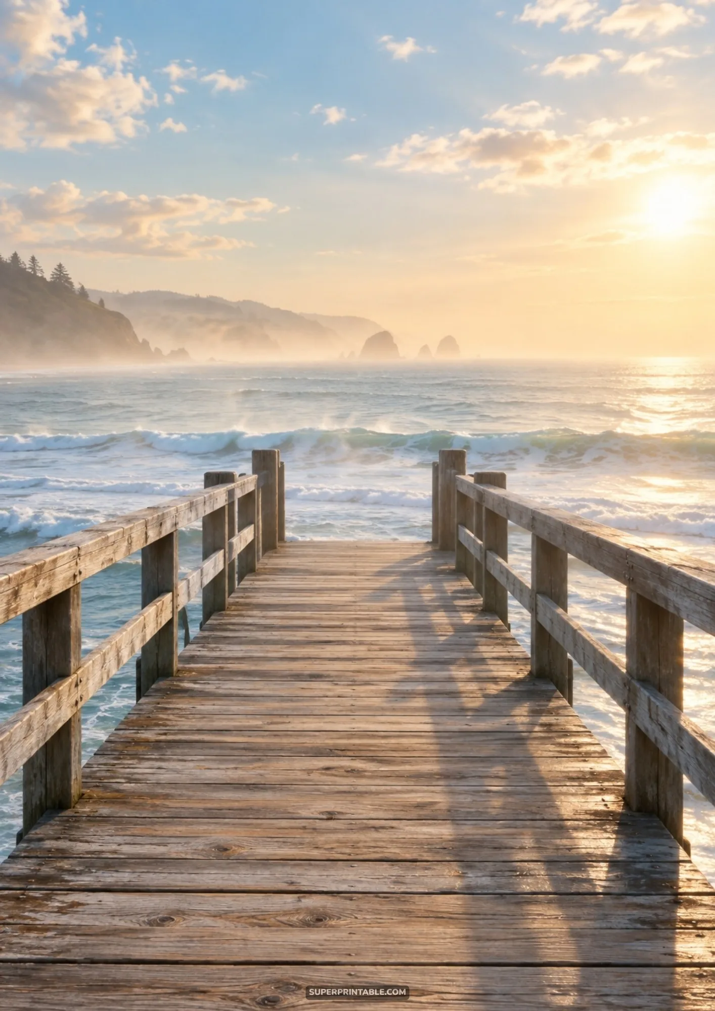 Wooden pier extending toward misty sea stacks and sunny ocean waves