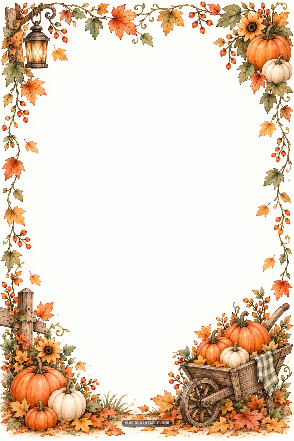 Watercolor harvest frame featuring a wooden wheelbarrow cart with pumpkins and a sunflower fence.