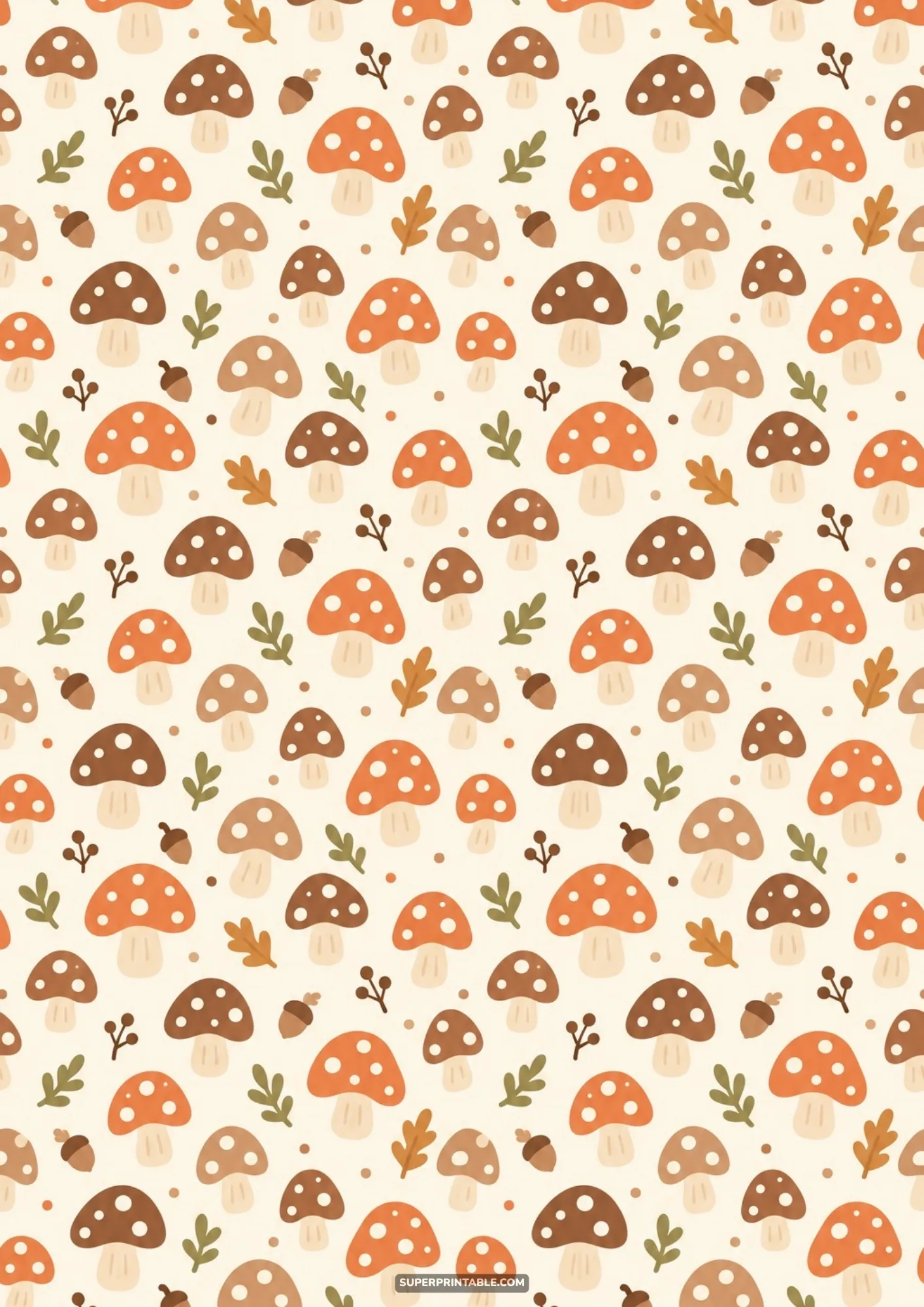 Charming woodland mushrooms, acorns, and tiny autumn leaves scattered on a cream background