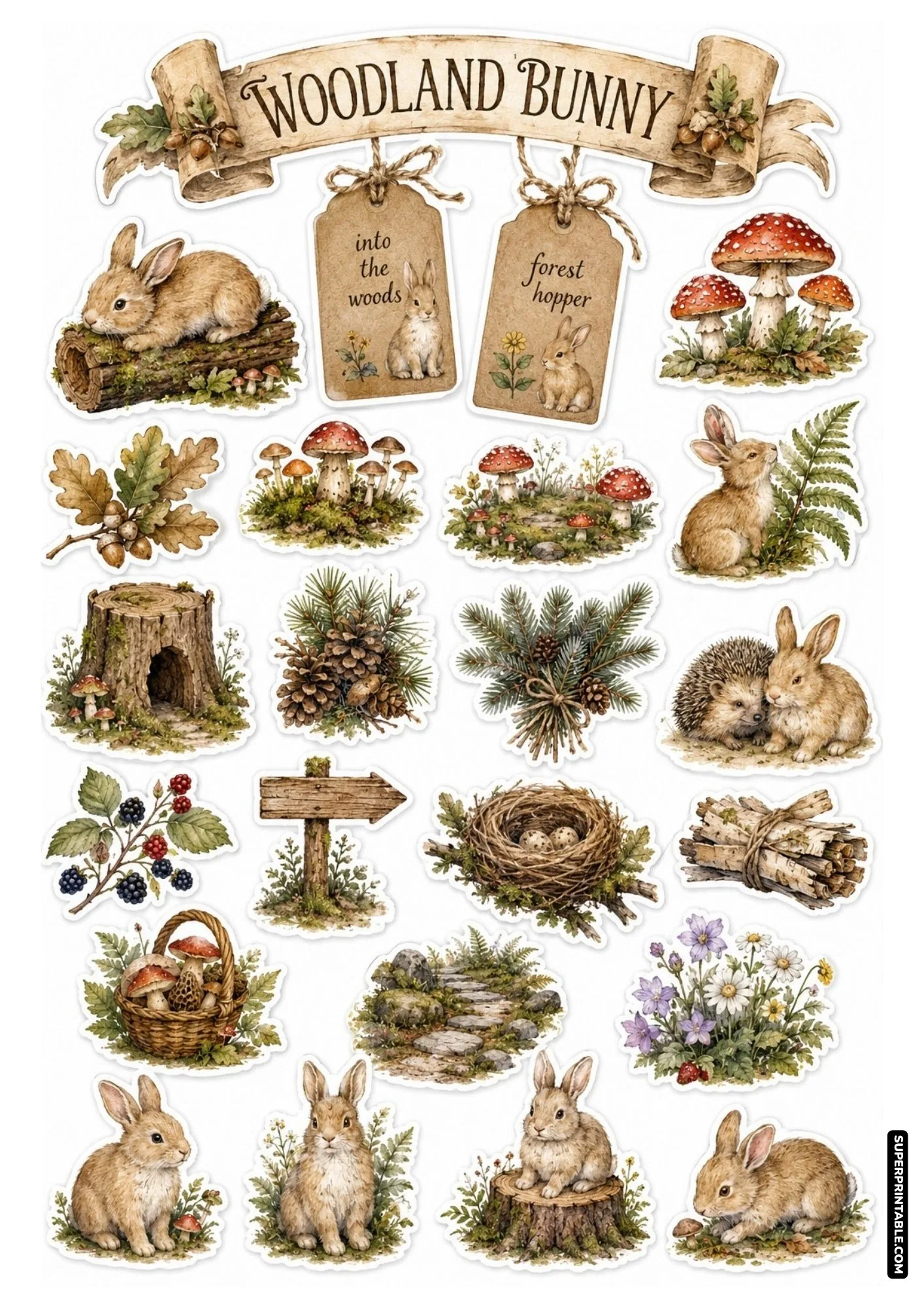 Woodland bunny sticker sheet featuring forest rabbits, red mushrooms, pinecones, and hedgehog.