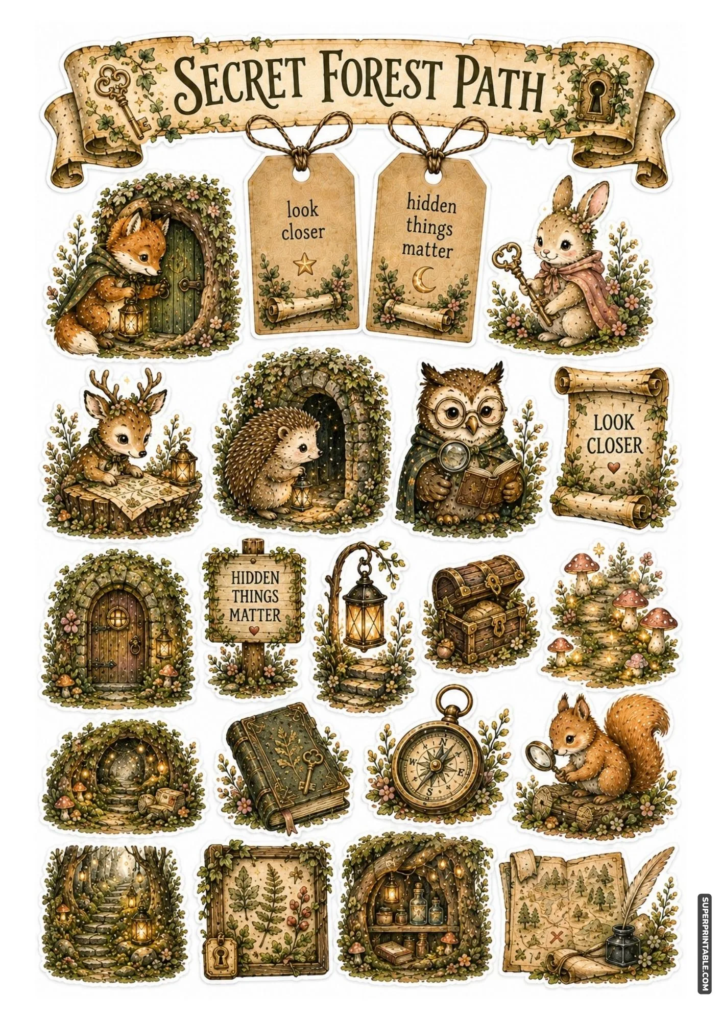 Mindfully crafted forest animal stickers practicing yoga and meditation in a serene woodland setting.