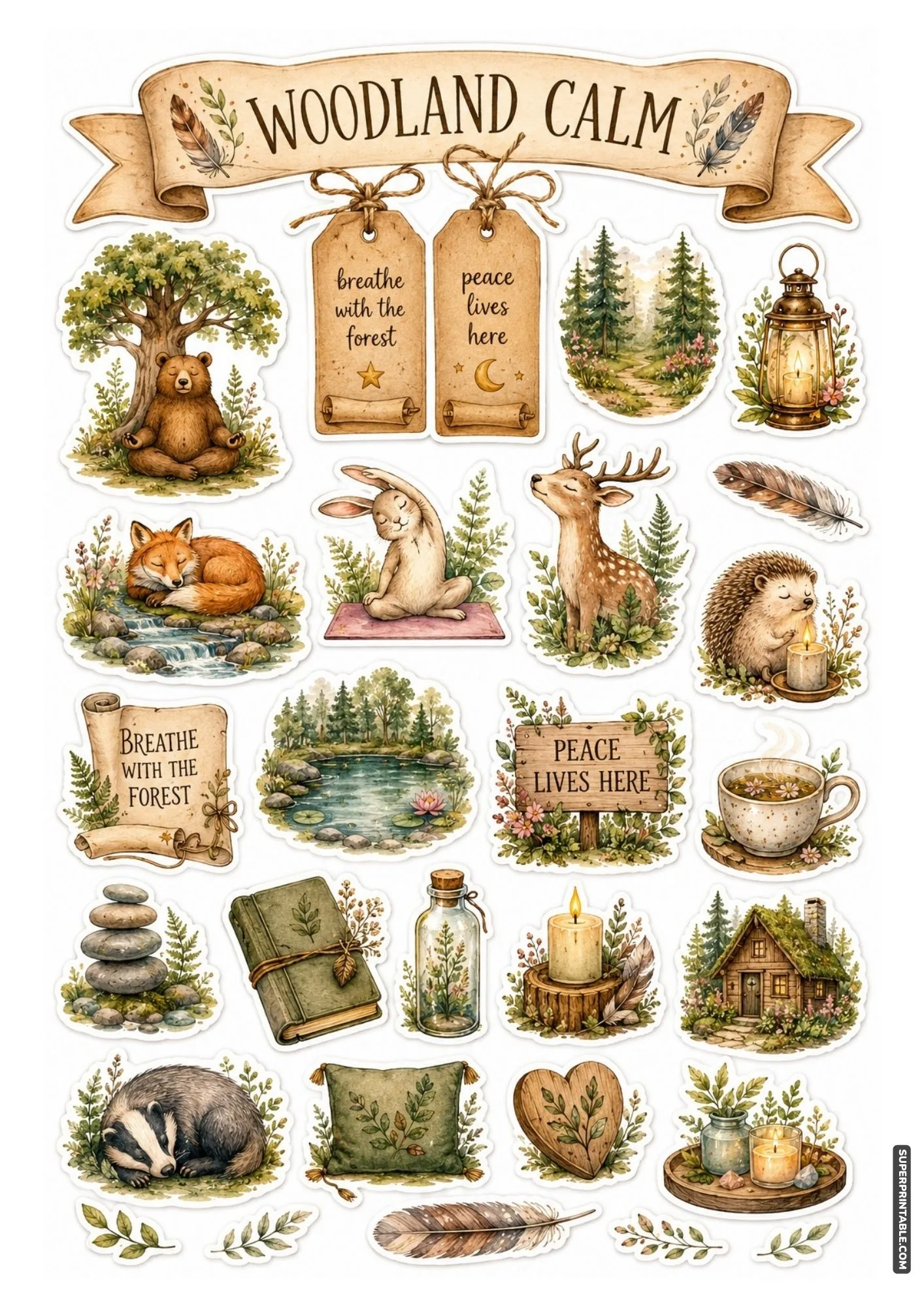 Sleepy forest animals resting under crescent moons and twinkling night stars.