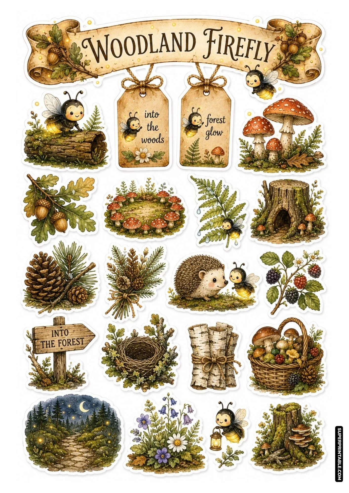 Woodland nature sticker sheet with mushrooms, pinecones, birch logs, and cute firefly characters.
