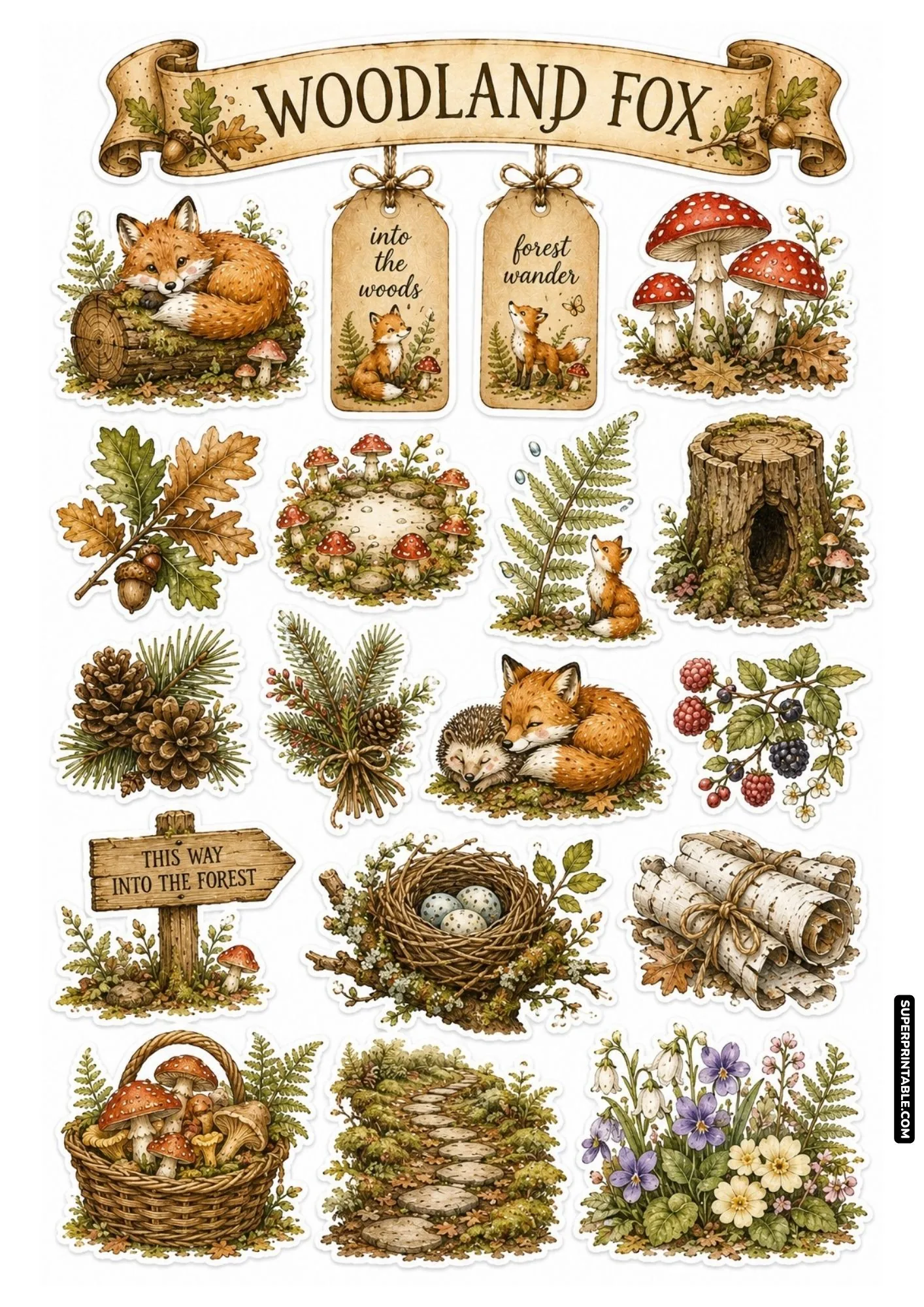 Woodland fox forest stickers depicting sleeping foxes, wild mushrooms, hedgehogs, and birch logs.