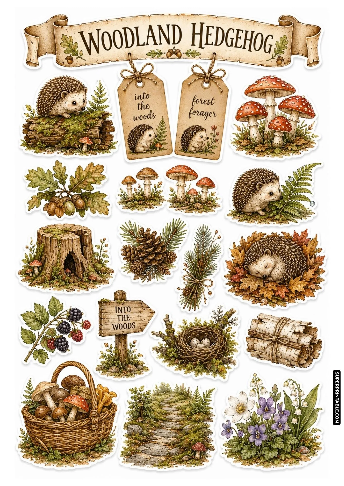 Forest woodland hedgehog sticker sheet with red toadstool mushrooms, pinecones, mossy tree stump, and blackberry branch.