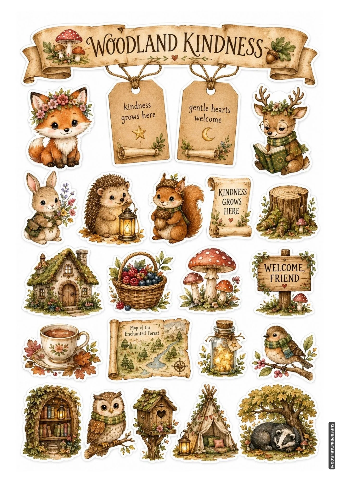 Sweet printable stickers of woodland animals in a lush, cozy forest setting.