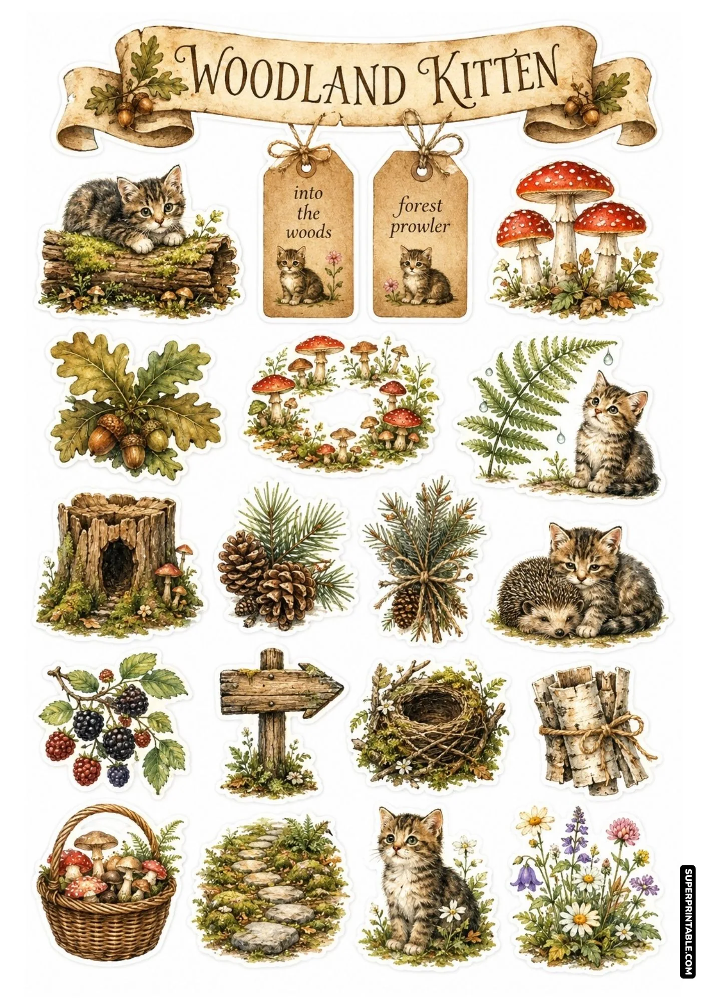 Woodland forest cat sticker sheet featuring kittens on mossy logs, red toadstools, pinecones, and cute hedgehog friends.