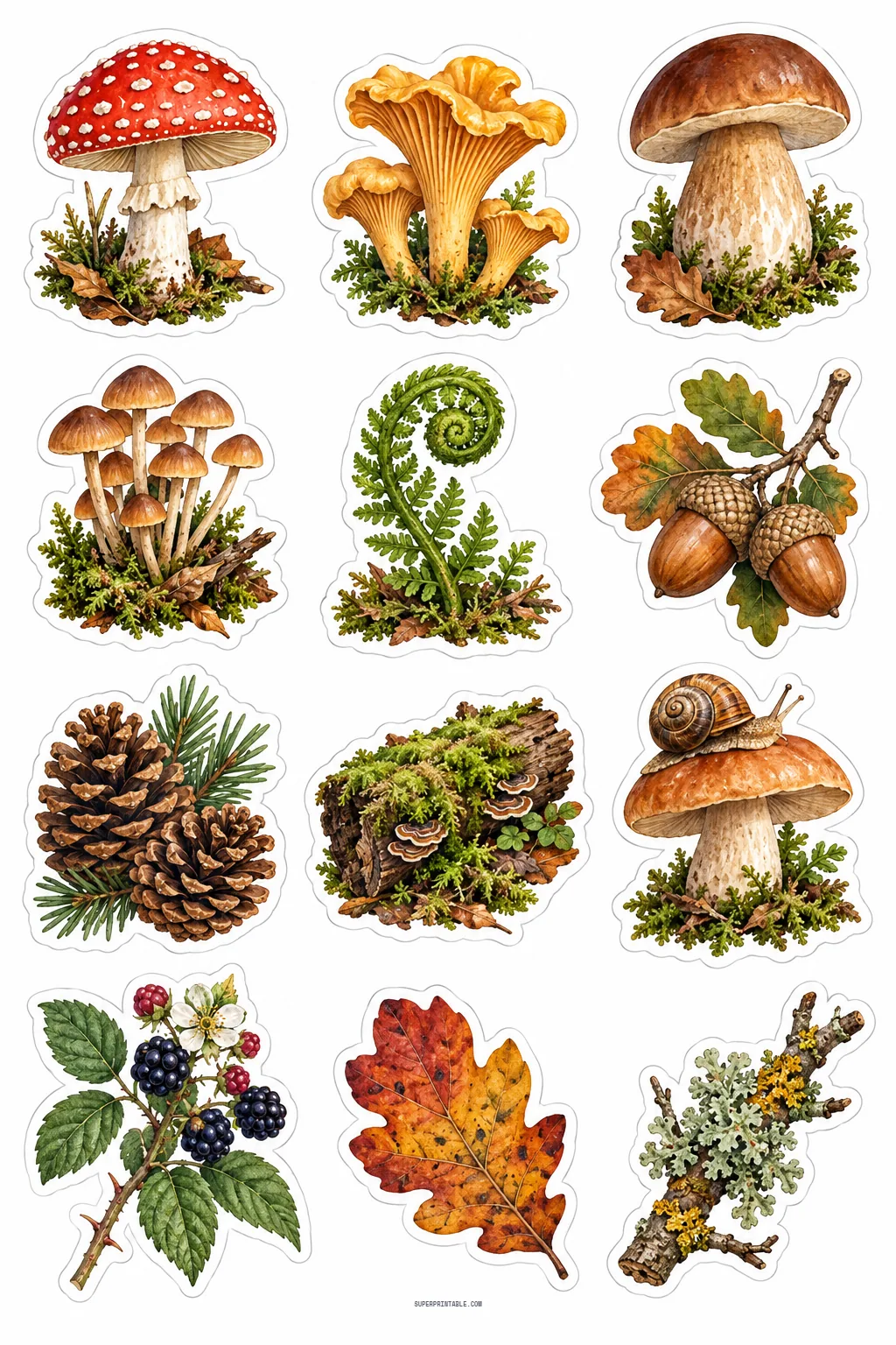 Woodland mushroom stickers featuring red toadstool, chanterelles, porcini, pinecones, and mossy forest log